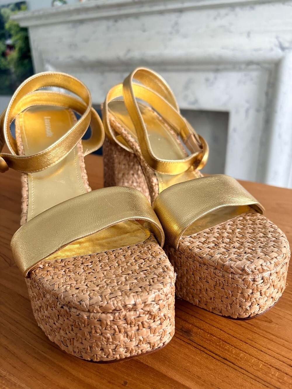 Larroudé Dolly Verona Platform Sandal in Gold Metallic Leather/ Natural Raffia